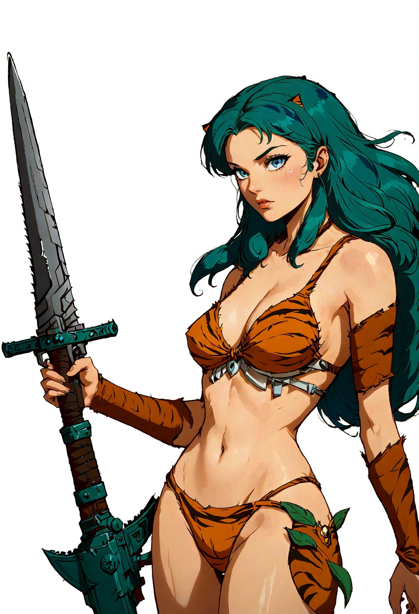 lum, solo, retro artstyle, 1980s style, long hair, breasts, blue eyes, eyeshadow, green hair, armor bikini, weapon, tiger-stripped horns, solo, tiger-stripped shoulder armor, looking at viewer, power bikini, perfect anatomy, approaching perfection, dynamic, highly detailed, smooth, sharp focus, art by Carne Griffiths and Wadim Kashin, trending on artstation, sharp focus, intricate details, highly detailed, by greg rutkowski, mysterious, epic, cinematic, digital art, 4k, cowboy shot,