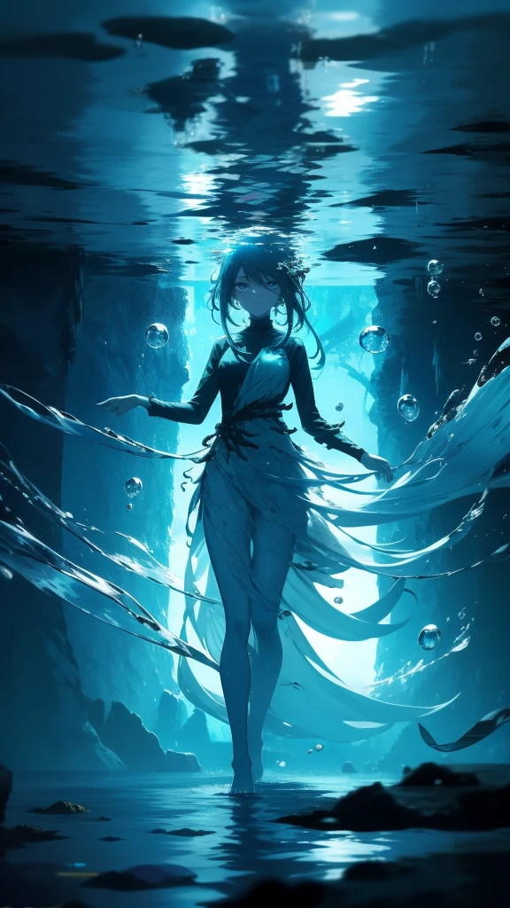 1girl, underwater, ocean floor, coral reef, fish, schools of fish, Aquascend's aura, swirling water, glowing seaweed, 3D seaweed, schools of fish swimming around her, calm deep blue water, (fog effect), soft lighting, dreamy, mystical, underwater scene, ( Aquascend's dress flowing with seaweed), ocean's floor terrain, looking down at fish, eyes glowing Aquascend's color, hair flowing with seaweed, 20 years old, 3D seaweed around her head, ocean floor in the background