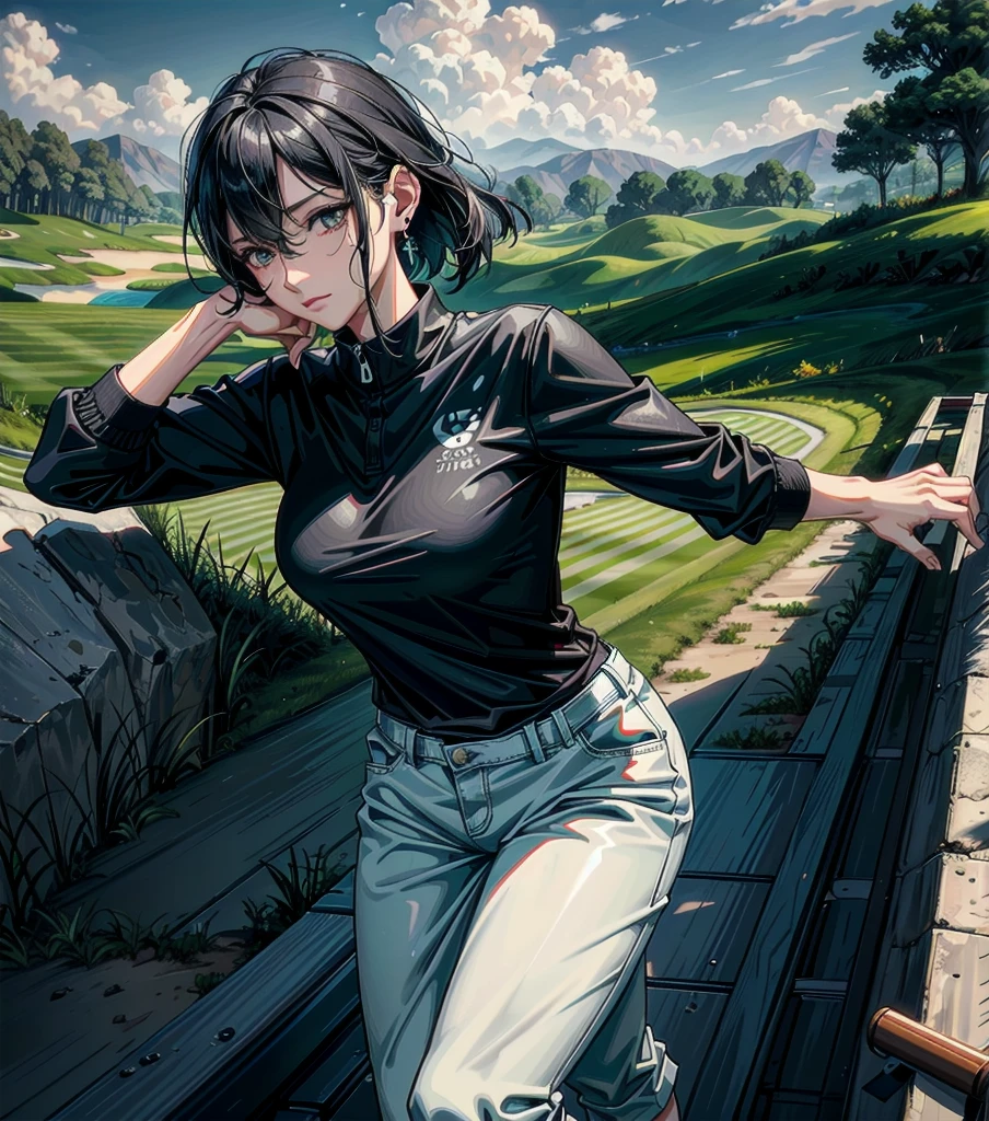whole body, solo, alone, perfect anatomy, correct body, ideal ratio of body proportions, tearful mole, earring, medium hair, black hair, medium tits, golf uniform, realistic 18 hole golf course, lush green fairways, rolling hills, sand traps, water hazards, clubhouse,