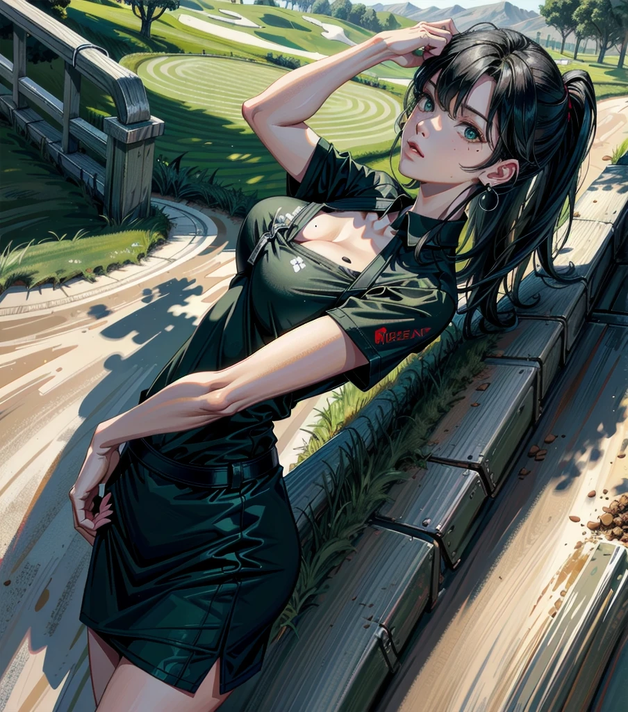 whole body, solo, alone, perfect anatomy, correct body, ideal ratio of body proportions, tearful mole, earring, medium hair, black hair, medium tits, golf uniform, realistic 18 hole golf course, lush green fairways, rolling hills, sand traps, water hazards, clubhouse,
