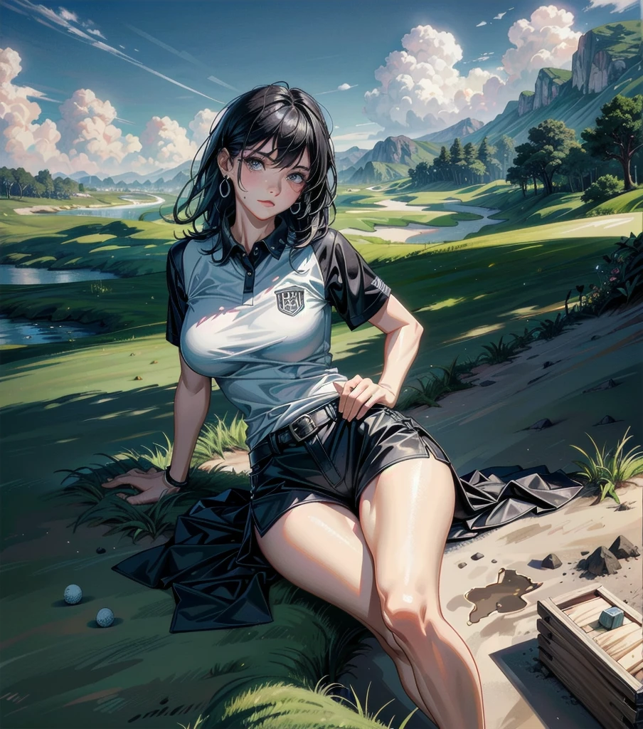 whole body, solo, alone, perfect anatomy, correct body, ideal ratio of body proportions, tearful mole, earring, medium hair, black hair, medium tits, golf uniform, realistic 18 hole golf course, lush green fairways, rolling hills, sand traps, water hazards, clubhouse,