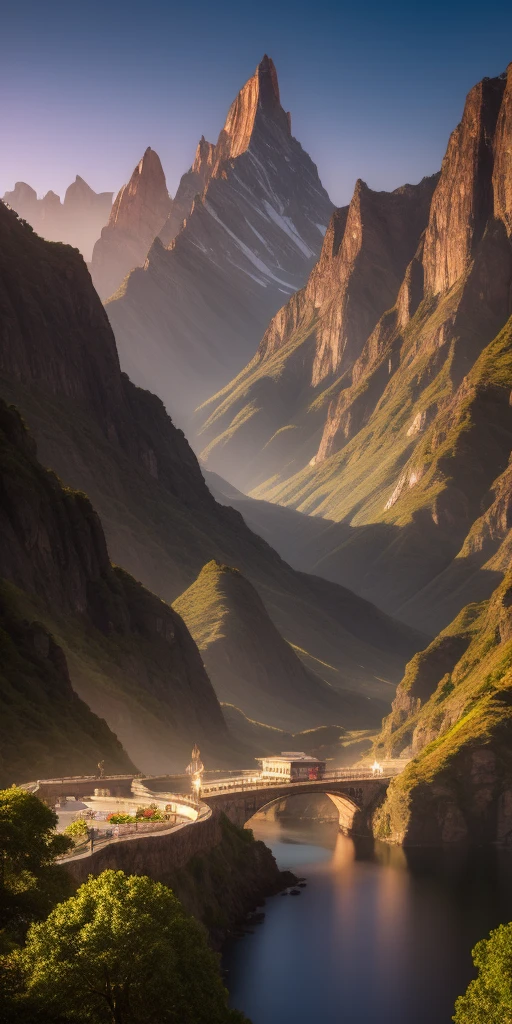 futuristic city, fantasy, 23rd century, England, Mountains