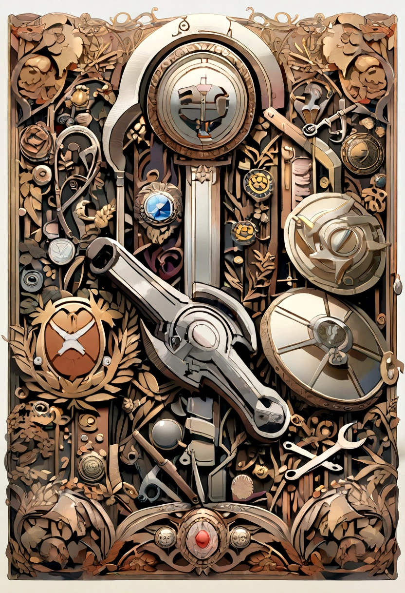 （Game achievement badge design），silver medal，Flat 2D effect，Ear of wheat border，(In the middle of the medallion is the hammer and wrench intersecting icon)