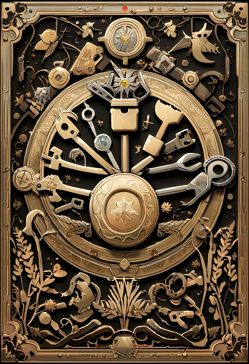 (Game achievement badge design),silver medal,Flat 2D effect,Ear of wheat border,(In the middle of the medallion is the hammer and wrench intersecting icon)