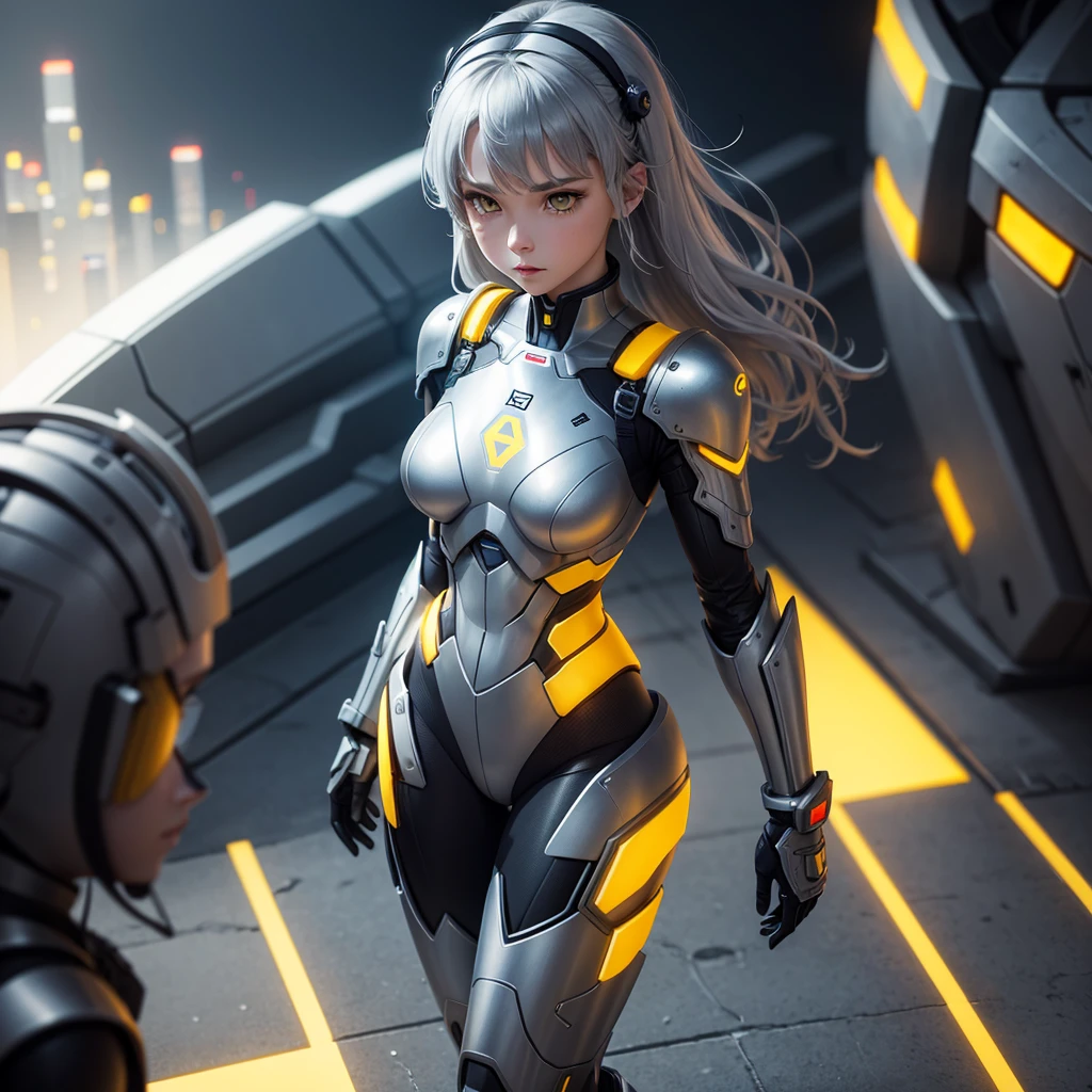 1girl, Female robot, superheroine, android girl, ager, with a gray with yellow accents full body metal armor, with a yellow cape, a yellow shinning decal in the chest, gray metal gloves and gray armored boots, and a metallic, long beam saber, pale skin, shinning yellow eyes, gray medium hair, wide hips, thick thighs, narrow waist, standing on the rooftop in the over a futuristic city at night ((only one character))