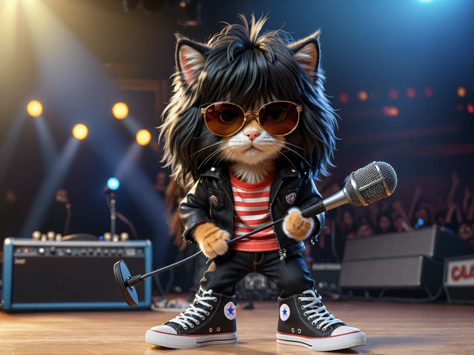 Cute anthropomorphic kitten fluffy cartoon with very long hair black with bangs, singing with microphone in hand (black sunglasses with oval lenses) by Joey Ramone digital painting 3d cosplay Ramones pants jeans, All Star shoes in the background concert stage with several lights blue, isometric view, Cinematic, Hyperrealistic, Backlit, Extremely low angle, Highly detailed, scaled down, Unrealistic rendering, 8K