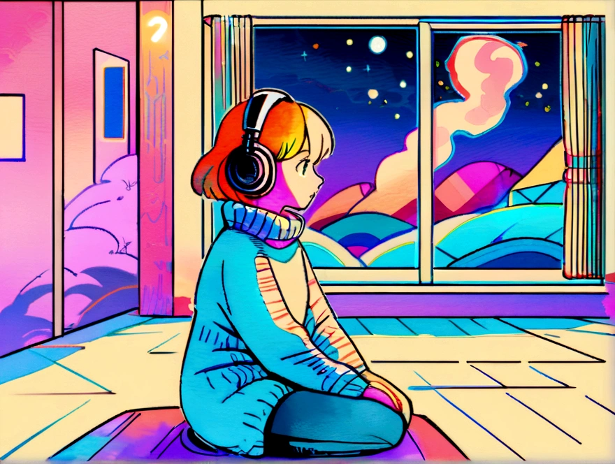 (praise), (1 female), Woman waiting for dawn on balcony, Sitting, profile, She wears a loose knitted dress.,  Very big ass, Slim waist, Hourglass illustration, Blonde Brown Short Hair, Put on your headphones, Night Light, Neon scenery on a rainy day seen from the window,Analog Color Theme, Lo-fi Hip Hop , flat, 2.5D ,Line art, Ink Painting, Big Hill, Watercolor, Goose color, Studio Ghibli style, Very colorful, outcome, Synthwave, praise art,90s Style,Old Texture, amplitude,90&#39;Atmosphere of, Tabletop, Great skills