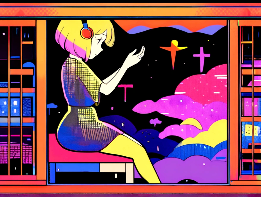 (praise), (1 female), Woman waiting for dawn on balcony, Sitting, profile, She wears a loose knitted dress., Very big ass, Slim waist, Hourglass illustration, Blonde Brown Short Hair, Put on your headphones, Night Light, Neon scenery on a rainy day seen from the window,Analog Color Theme, Lo-fi Hip Hop , flat, 2.5D ,Line art, Ink Painting, Big Hill, Watercolor, Goose color, Studio Ghibli style, Very colorful, outcome, Synthwave, praise art,90s Style,Old Texture, amplitude,90'Atmosphere of, Tabletop, Great skills