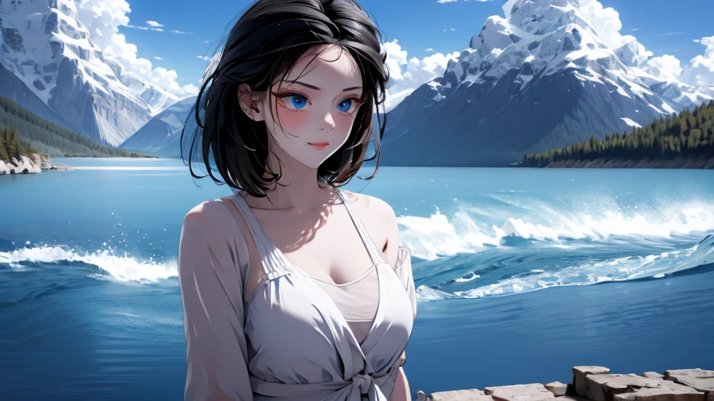 1 girl, medium light black hair, light blue eyes, wearing Sexy outfit , sea , Sexy , high res, ultrasharp, 8K, masterpiece, Looking from the front ???
