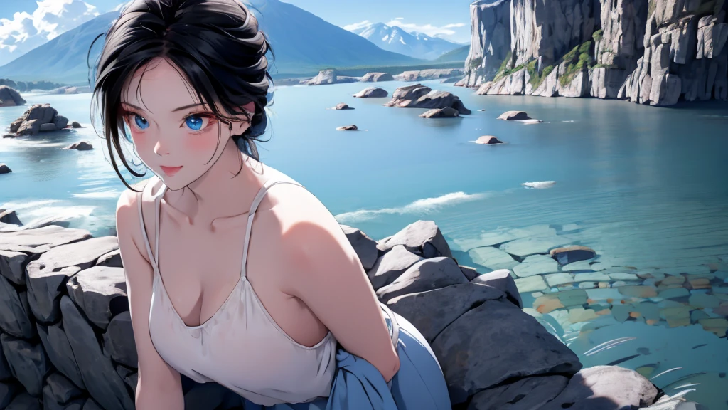 1 girl, medium light black hair, light blue eyes, wearing Sexy outfit , sea , Sexy , high res, ultrasharp, 8K, masterpiece, Looking from the front 18+