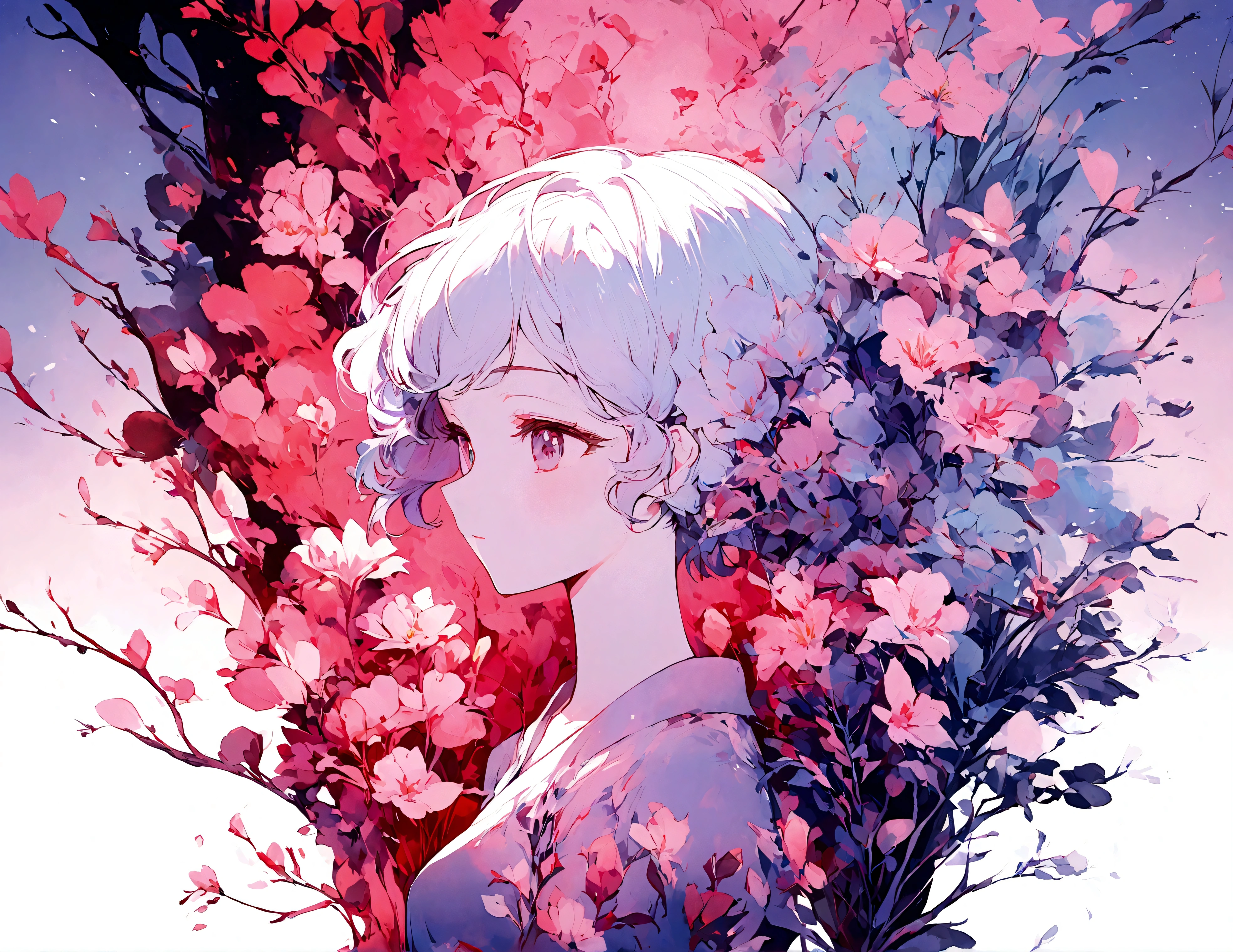 1 Girl,flower, Platycodon ,Light pink and light blue style, Dreamy and romantic composition, light pink, ethereal foliage, Interesting arrangement,fantasy, High contrast, Ink strokes, Impression of purple with red tones , Abstract