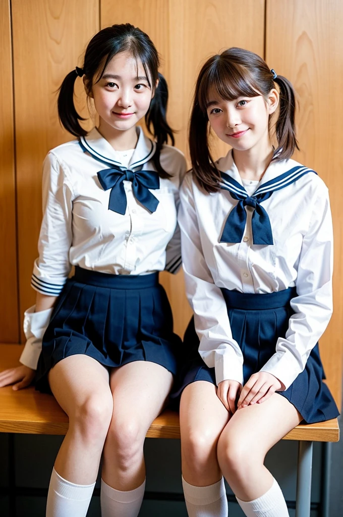 2 girls sitting on desk in wooden school classroom,white shirt with sailor collar,navy blue thong,navy blue socks,pink plaid bow tie,18-year-old,bangs,a little smile,thighs,knees,wet short hair with low pigtails,from before,front light
