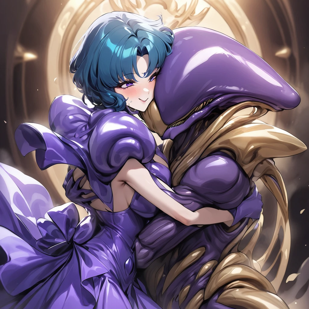 ((highest quality)), ((masterpiece)), (detailed), (Perfect Face)、The woman is Alien Mercury, wearing an alien dress, with short blue hair and a completely alien body.、The woman is happily hugging and kissing the powerful alien king.