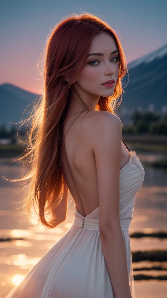 sunset lighting, (Improve Fuji color quality),  (Best quality), (model), backlight, There is light on the face, (Amelioration de la qualite), Delicate eyes, delicate face, yeux de bonne qualité, teinture cheveux rouge, 168 cm, plan de face