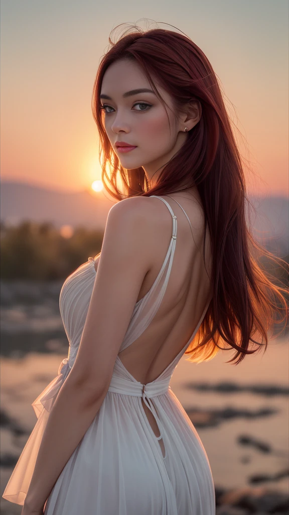 ((top quality、8K、Masterpiece:1.3))、Extremely delicate beautiful girl,with long pink hair, huge breasts,bigger breasts,amazing breast size,G cup,Sunset。Wear big earrings,Very white skin,moist red lips,Waist is very thin, Thighs are very thin,BIG ASS,exposed,fair and smooth skin,Smooth and fair skin,flawless skin,Fair and shiny skin,Cold white skin,The camera focuses on the chest,bright light,Bandeau Dress,Transparent skirt,Openwork skirt,Exposed shoulders,hair,Back exposed to buttocks,The back is exposed to the waist and hip line,Smooth white back,Stand sideways,Straight posture