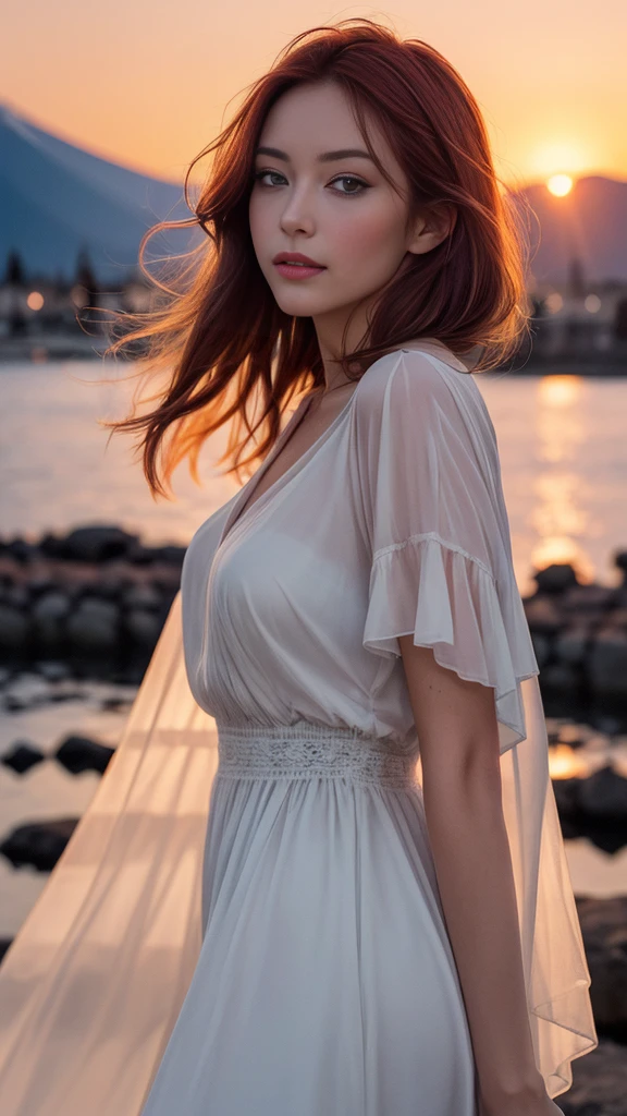 sunset lighting, (Improve Fuji color quality), (Best quality), (model), backlight, There is light on the face, (Amelioration de la qualite), Delicate eyes, delicate face, yeux de bonne qualité, teinture cheveux rouge, 168 cm, plan de face