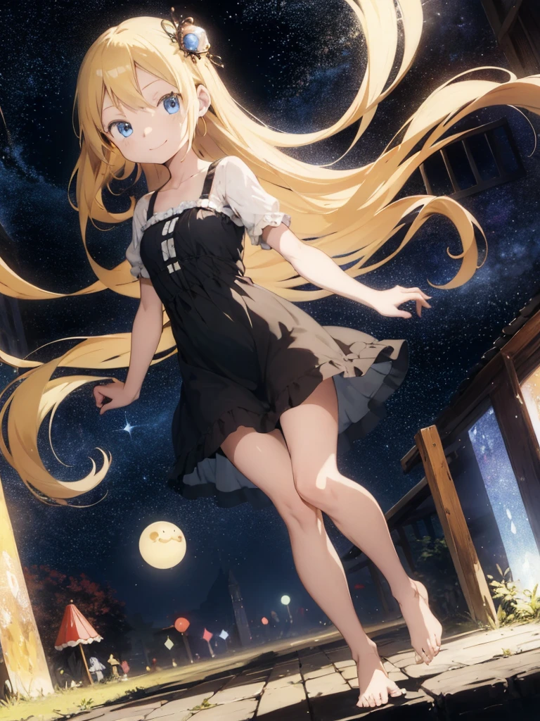 (superflat, flat shading, flat colors:1.1), masterpiece, best quality, (night), town street, 1girl, petite, , white nightgown, white panties, messy blonde hair, necklace, bracelets, running, scared, starry sky, best shadows, watercolor,