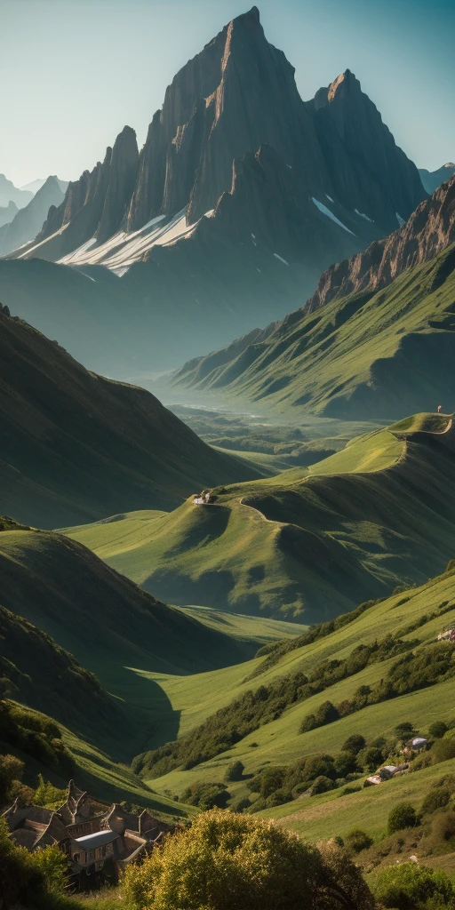 futuristic city, fantasy, 23rd century, England, Mountains