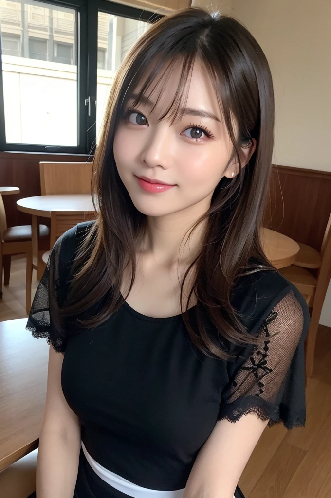 On the table、best quality、Photorealism、Finely、high resolution、8wallpaper、Perfect dynamic posture、Beautiful slender eyes and long hair、(Big breasts 1.2)、casual sexy pose、Random situations、Selfie Angle,Looking at the camera,(Tight round neck black mesh lace shirt)、、Gentle smile、50 years old、(Perfect Eyes 1.3)、Mature adult beauties、Japanese、