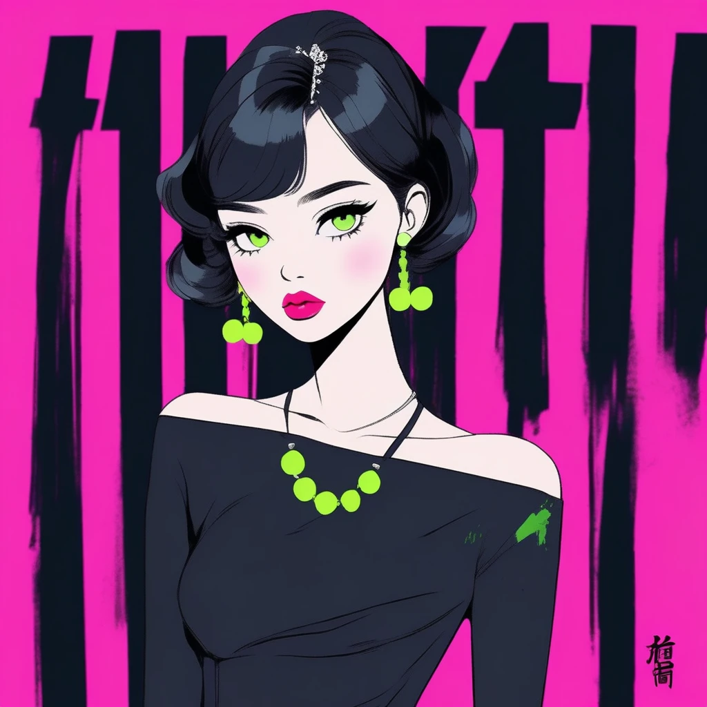 best quality, sketch:1.2),Practical,Illustrator,Chinese cartoons,1 girl, Delicate lips, Dress 8,(Background dark monochrome),Neon Hair,Texture cropping, masterpiece, Style: Vintage , Deep Black, Art, sketch book, (Black hair:1.75 Neon:1.32), Bad Woman , Dark Shadows