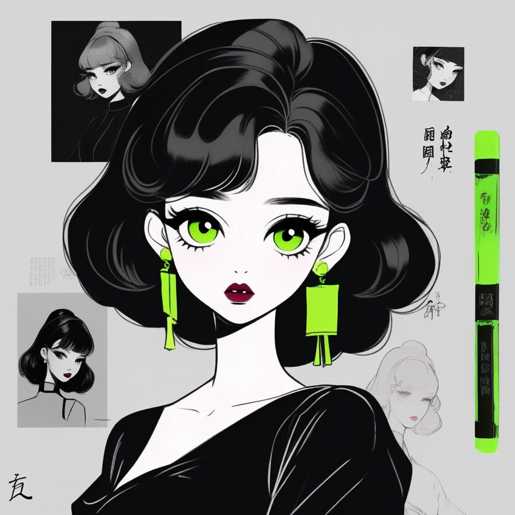 best quality, sketch:1.2),Practical,Illustrator,Chinese cartoons,1 girl, Delicate lips, Dress 8,(Background dark monochrome),Neon Hair,Texture cropping, masterpiece, Style: Vintage , Deep Black, Art, sketch book, (Black hair:1.75 Neon:1.32), Bad Woman , Dark Shadows