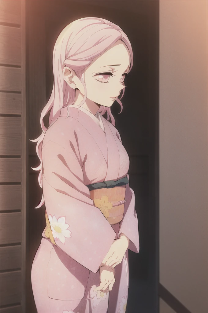 kimetsu no yaiba style,1girl, mature lady, solo, japanese clothes, kimono, pink eyes, long straight hair, hair over shoulder, floral print, light pink hair, upper body, anime coloring, ((masterpiece))
