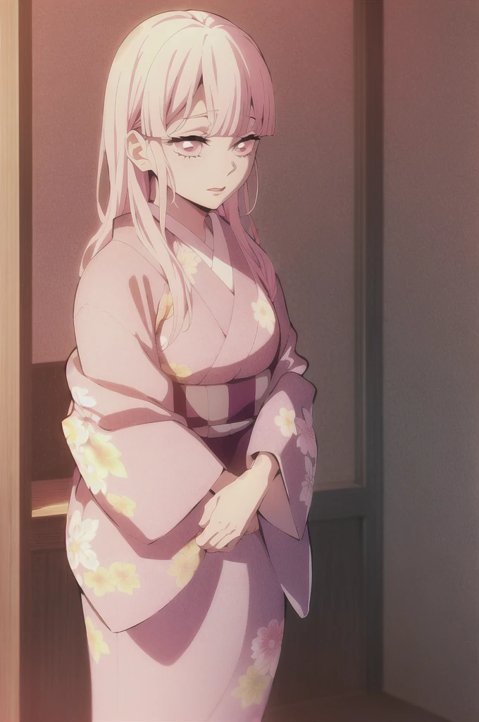 kimetsu no yaiba style,1girl, mature lady, solo, japanese clothes, kimono, pink eyes, long straight hair, hair over shoulder, floral print, light pink hair, upper body, anime coloring,  ((masterpiece)) 