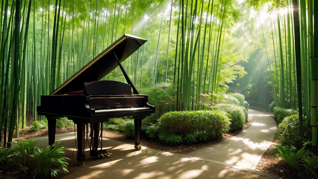 A grand piano placed in a bamboo forest with sunlight filtering through the trees、The soft sunlight filtering through the trees makes it sparkle.、One grand piano、There is no one、With Makoto Shinkai-esque illustration touch、Rough anime style