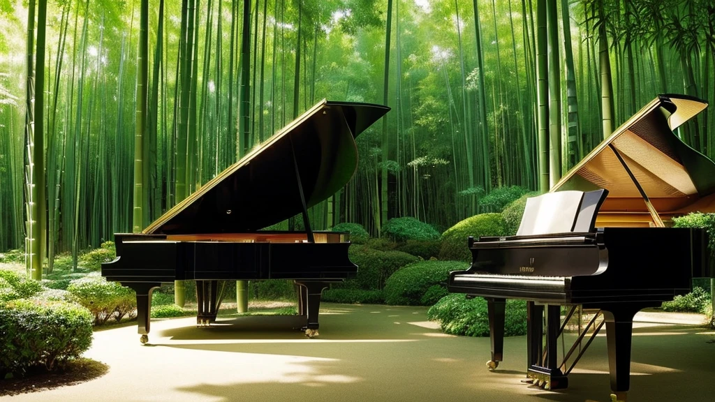 A grand piano placed in a bamboo forest with sunlight filtering through the trees、The soft sunlight filtering through the trees makes it sparkle.、One grand piano、There is no one、With Makoto Shinkai-esque illustration touch、Rough anime style