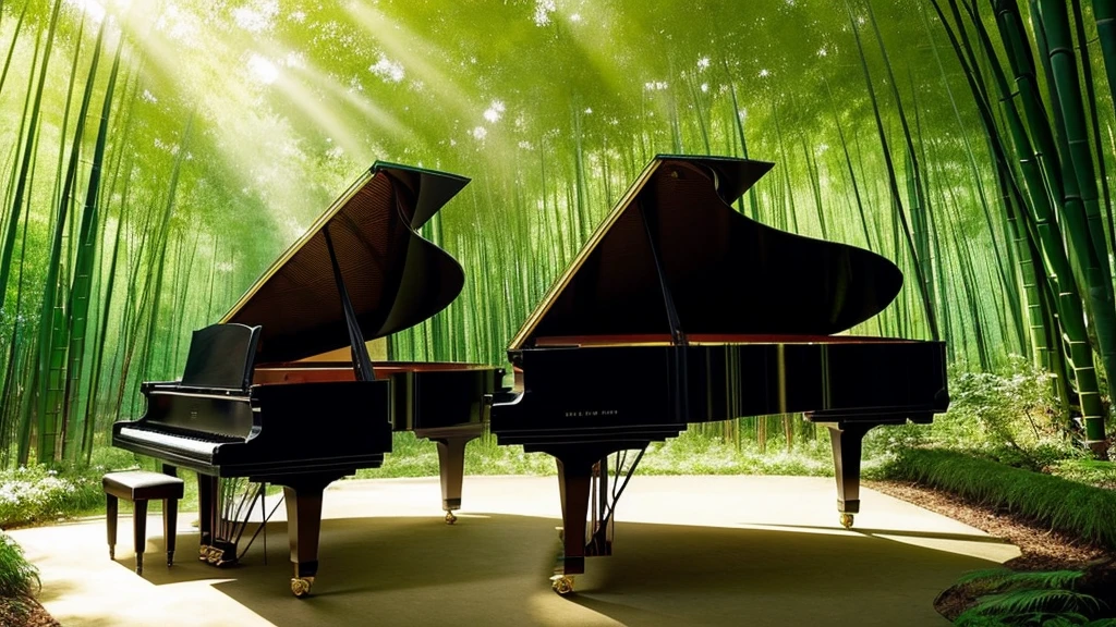 A grand piano placed in a bamboo forest with sunlight filtering through the trees、The soft sunlight filtering through the trees makes it sparkle.、One grand piano、There is no one、With Makoto Shinkai-esque illustration touch、Rough anime style