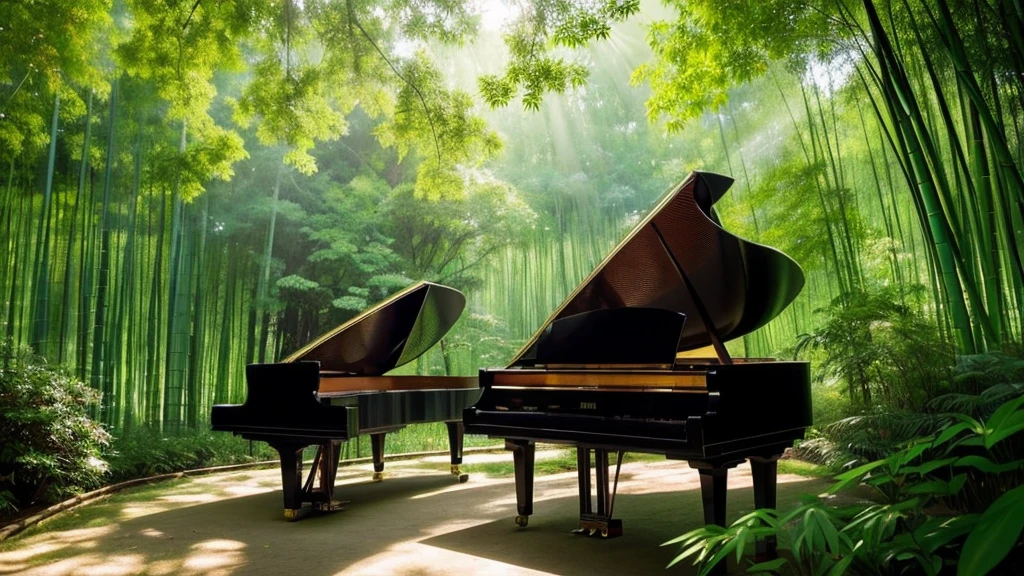 A grand piano placed in a bamboo forest with sunlight filtering through the trees、The soft sunlight filtering through the trees makes it sparkle.、One grand piano、There is no one、With Makoto Shinkai-esque illustration touch、Rough anime style