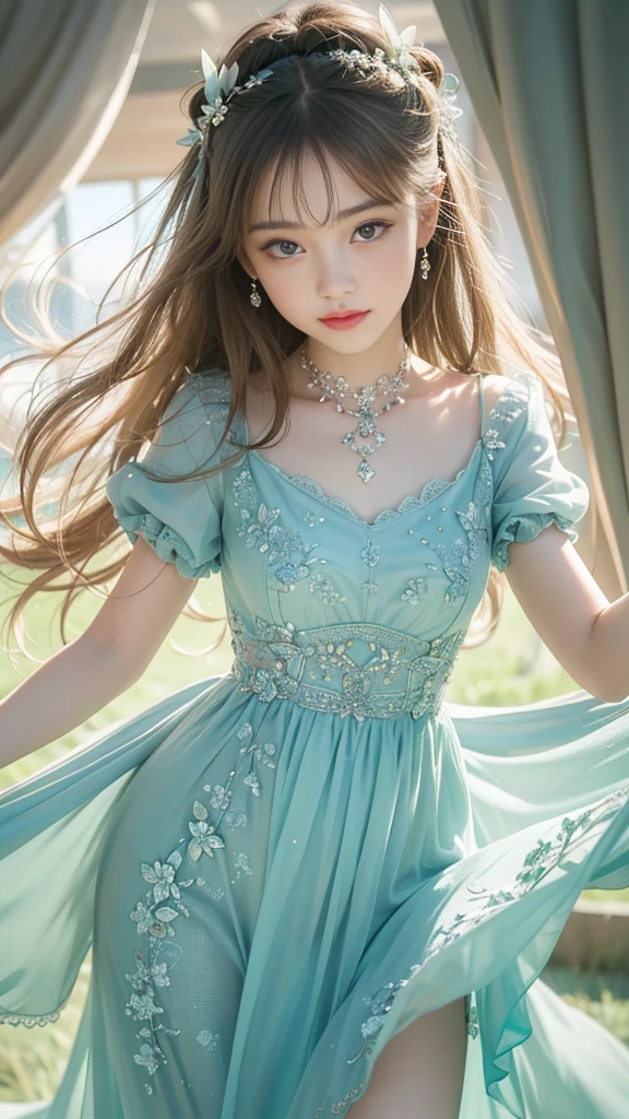 ((Very detailed, 8K, highest quality)),floating, ((A very delicate and beautiful dreamlike scene.)), (Detailed eyes and face), Neck ribbon, (Little girl&#39;s small hand), Skirt that flips up,((Elegant transparent blue dress)),sunlight, (Soft Light), (pastel colour), (Sparkling), Naked Girl, (Beautiful nudes), (Fascinating Cleavage), (Small beautiful butt),  (Transparent dress), ((Hair flying in the wind and skirts rolling up)), I can see her panties,((Sexy Panty Shot)), (Photorealistic), (Professional Lighting), Digital SLR