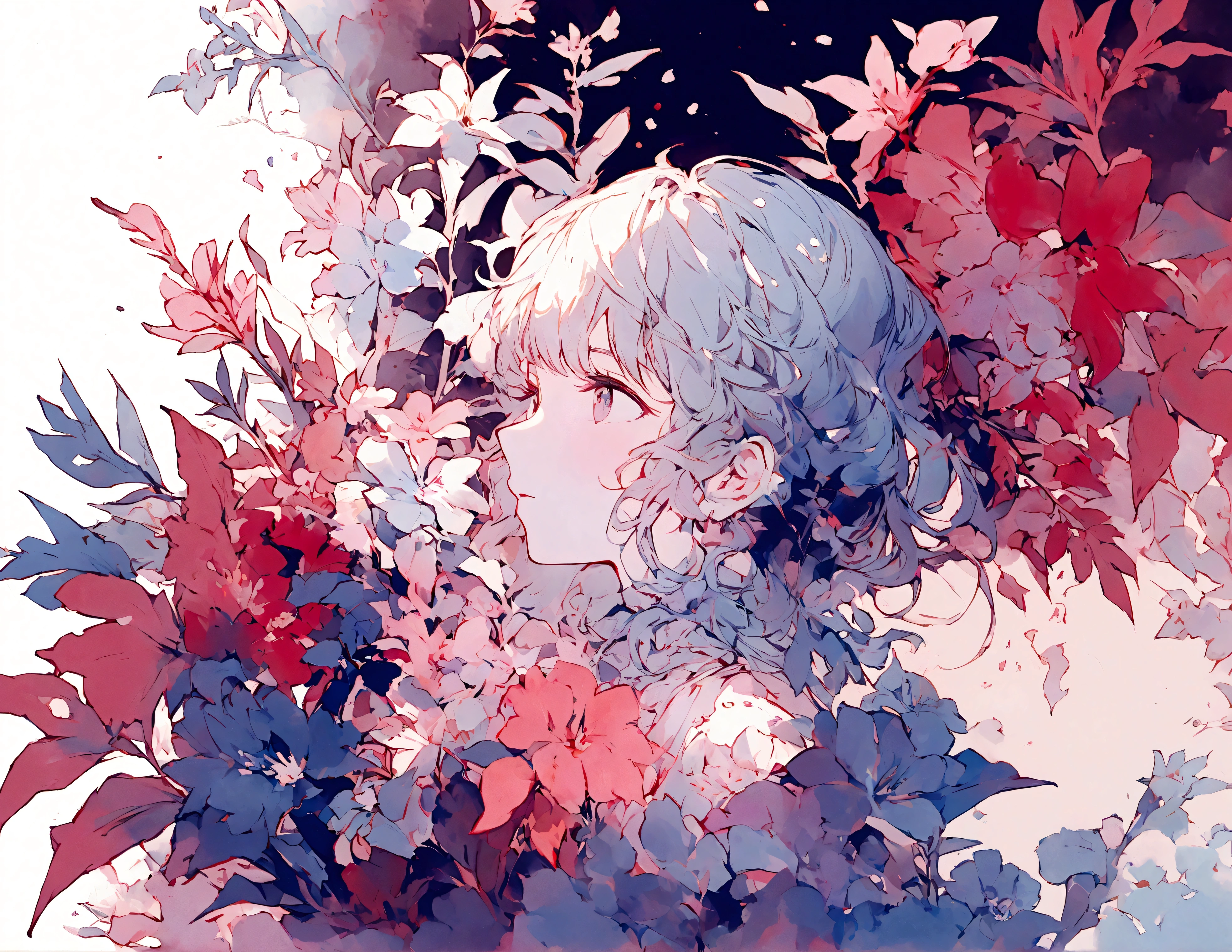 1 Girl,flower, Platycodon ,Light pink and light blue style, Dreamy and romantic composition, light pink, ethereal foliage, Interesting arrangement,fantasy, High contrast, Ink strokes, Impression of purple with red tones , Abstract