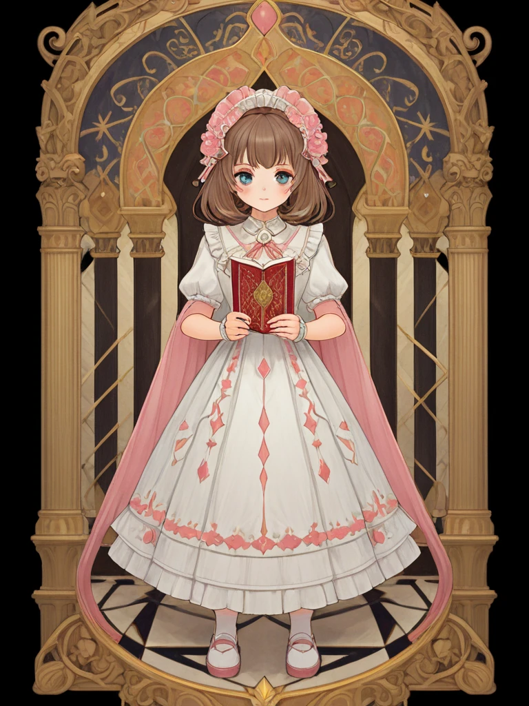 1 little girls, Holding a book, Lolita costume, Full body standing painting, (((solo))), Clear facial features, Simple line design, ((tarot card background, symmetric beauty)), perfectly symmetrical, The art of symmetry, Standing drawings of characters, ((flatcolors)), tmasterpiece,top Quority,best qualtiy,Ultra-high resolution, ((Clear facial features,beautidful eyes,beauitful face, Exquisite facial features))
