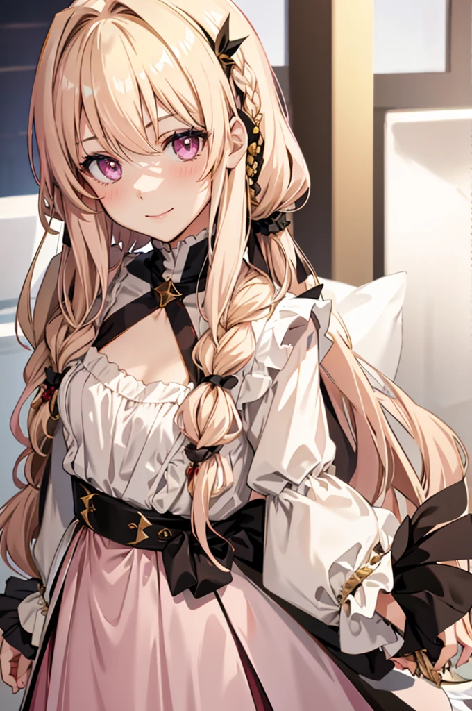 solo, light almond hair, long hair, dark pink eyes, sweet smile, subtle blush, large chest