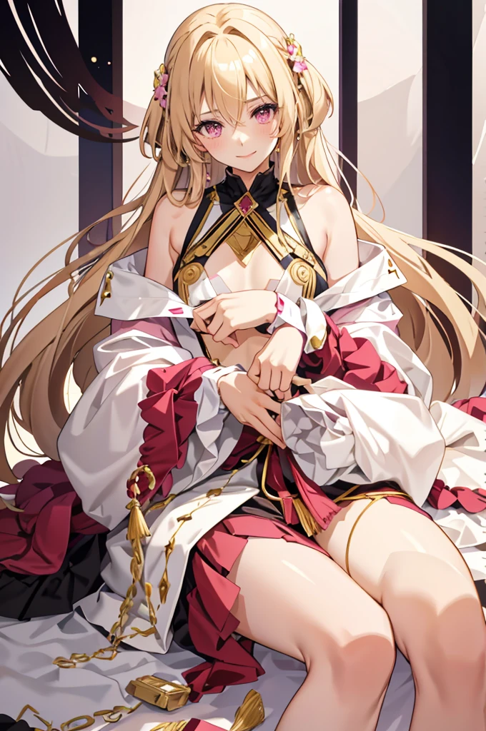 solo, light almond hair, long hair, dark pink eyes, sweet smile, subtle blush, large chest