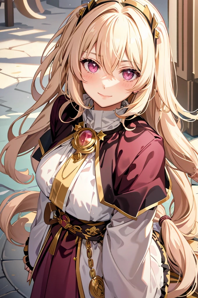 solo, light almond hair, long hair, dark pink eyes, sweet smile, subtle blush, large chest