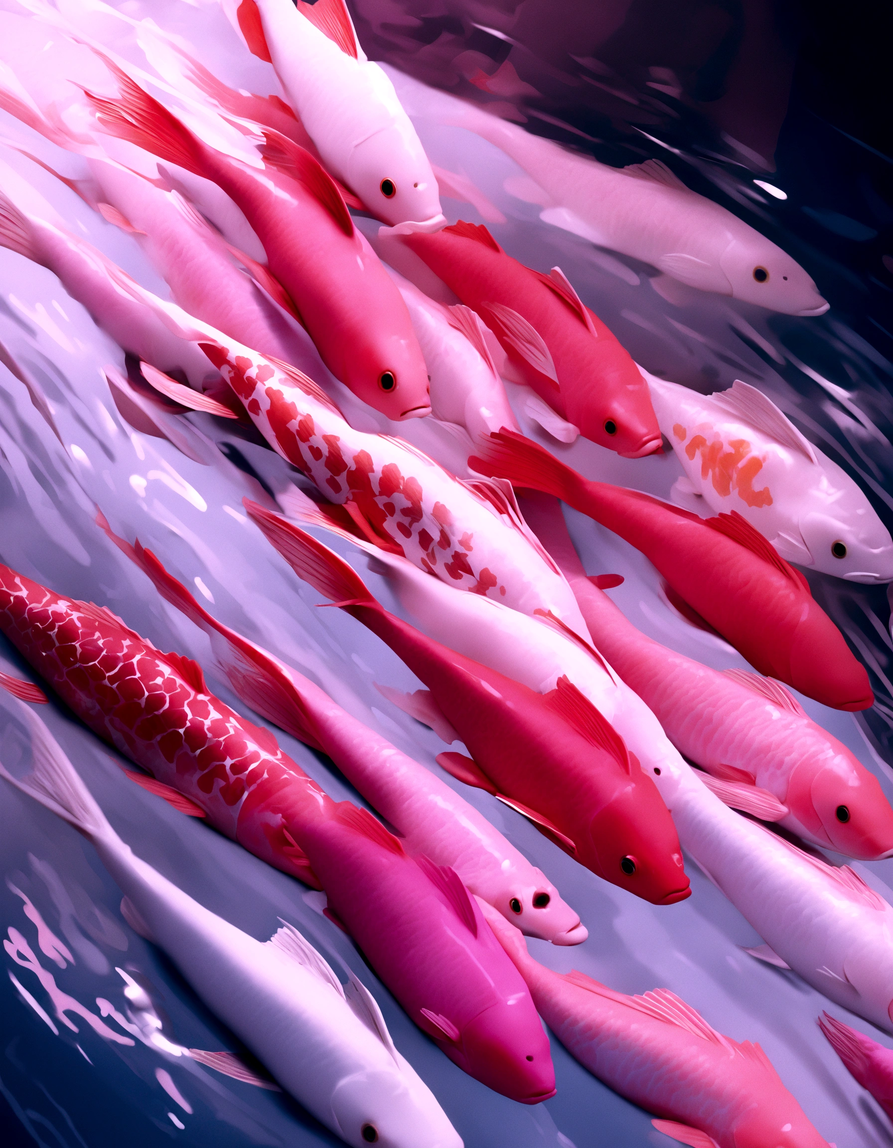 two pink fish swimming in a pool of clear water, a photorealistic painting by Anna Haifisch, tumblr, photorealism, pink reflections, floating koi fish, fishes swimming, fishes, koi fish, pink zen style, pink hues, koi fishes, fish swimming, pink vibe, koi colors, vibrant pink, koi, very aesthetic!!!!!!!!!!!!!!!