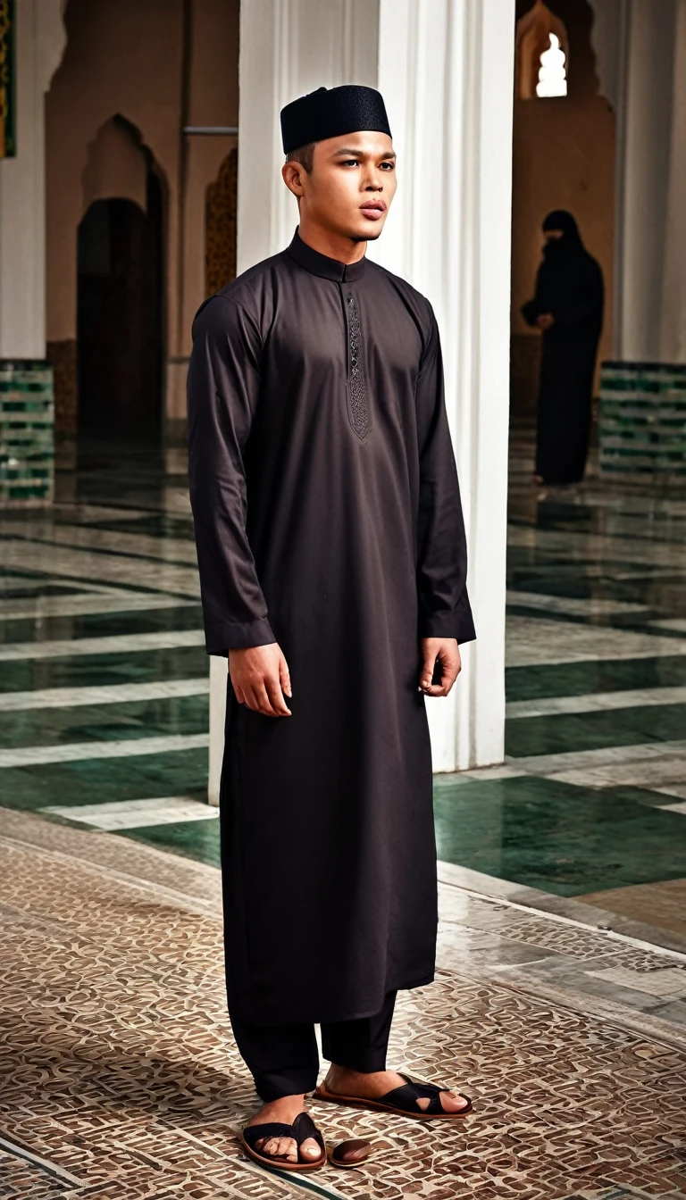 full body shot of (abbie_cornish:0.6) indonesian man wearing dark Muslim wear and slipper in front of busy mosque, prepare for Friday pray, incredibly detailed, lips, realistic, solo, brown skin tone, ,best quality, Intricate, High Detail, dramatic, front view