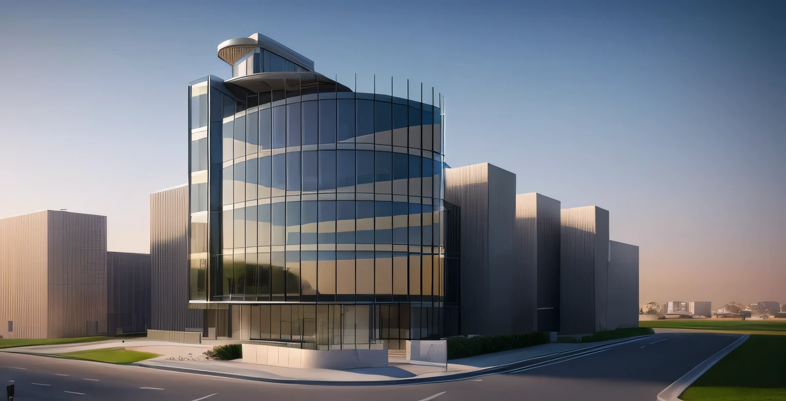 rendering of a modern office building with a curved glass facade, sharp hq rendering, sharp foccus ilustration hq, wide angle exterior 2022, architectural 3 d render, realistic building, architectural visualization, cinematic lighting, UHD, masterpiece, high details, high quality, 4K