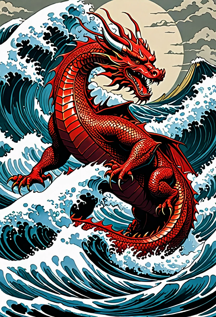red dragon in the waves art print, in the style of kōji morimoto, neo-traditional japanese, john blanche, murals and wall drawings, tyler walpole, intense close-ups, absurdist --ar 71:128 --stylize 750 --v 5.2