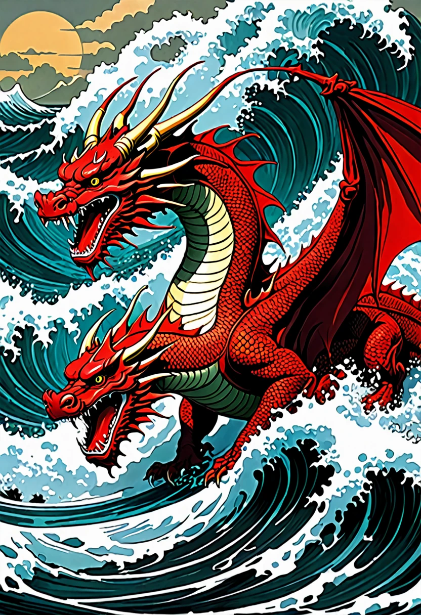 red dragon in the waves art print, in the style of kōji morimoto, neo-traditional japanese, john blanche, murals and wall drawings, tyler walpole, intense close-ups, absurdist --ar 71:128 --stylize 750 --v 5.2