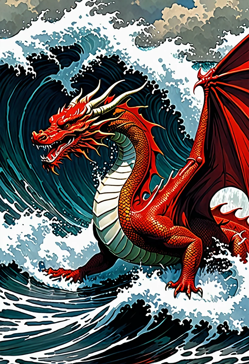 red dragon in the waves art print, in the style of kōji morimoto, neo-traditional japanese, john blanche, murals and wall drawings, tyler walpole, intense close-ups, absurdist --ar 71:128 --stylize 750 --v 5.2