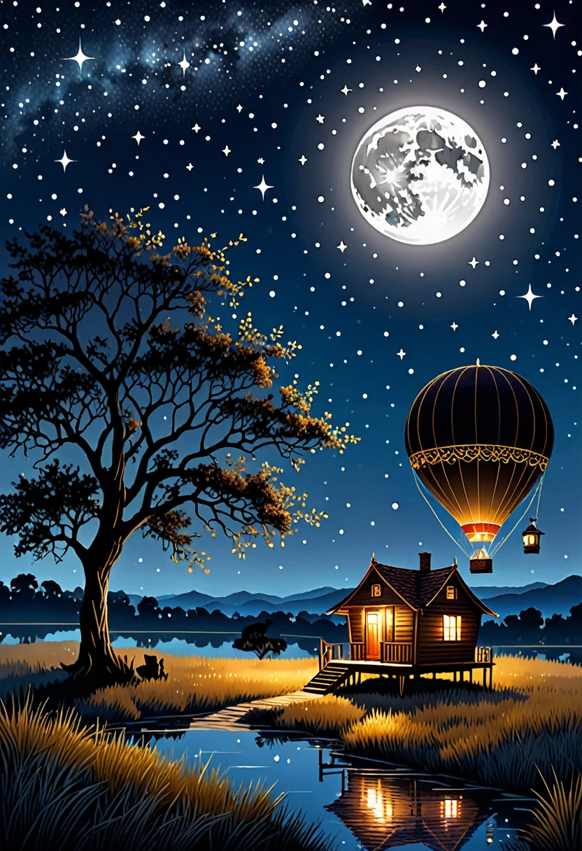 (a hot hut and tree medium landscope gently rises beneath a starry sky, a radiant moon and twinkling stars illuminate the entire scene, creating a mysterious and romantic atmosphere, the artwork utilizes a dark color palette and strong contrast to create striking light and shadow effects, the surface of the hot air balloon is adorned with shimmering details, adding a touch of elegance to the entire composition, best quality,ultra-detailed,realistic:1.37,moonlit,night scene,glowing stars,soft moonlight,subtle shadows,dimly lit foreground,hints of moonlight on the horizon,dark hues,contrasting light and dark,starlight reflections,glittering embellishments)