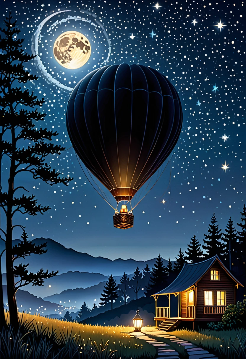 (a hot hut and tree medium landscope gently rises beneath a starry sky, a radiant moon and twinkling stars illuminate the entire scene, creating a mysterious and romantic atmosphere, the artwork utilizes a dark color palette and strong contrast to create striking light and shadow effects, the surface of the hot air balloon is adorned with shimmering details, adding a touch of elegance to the entire composition, best quality,ultra-detailed,realistic:1.37,moonlit,night scene,glowing stars,soft moonlight,subtle shadows,dimly lit foreground,hints of moonlight on the horizon,dark hues,contrasting light and dark,starlight reflections,glittering embellishments)