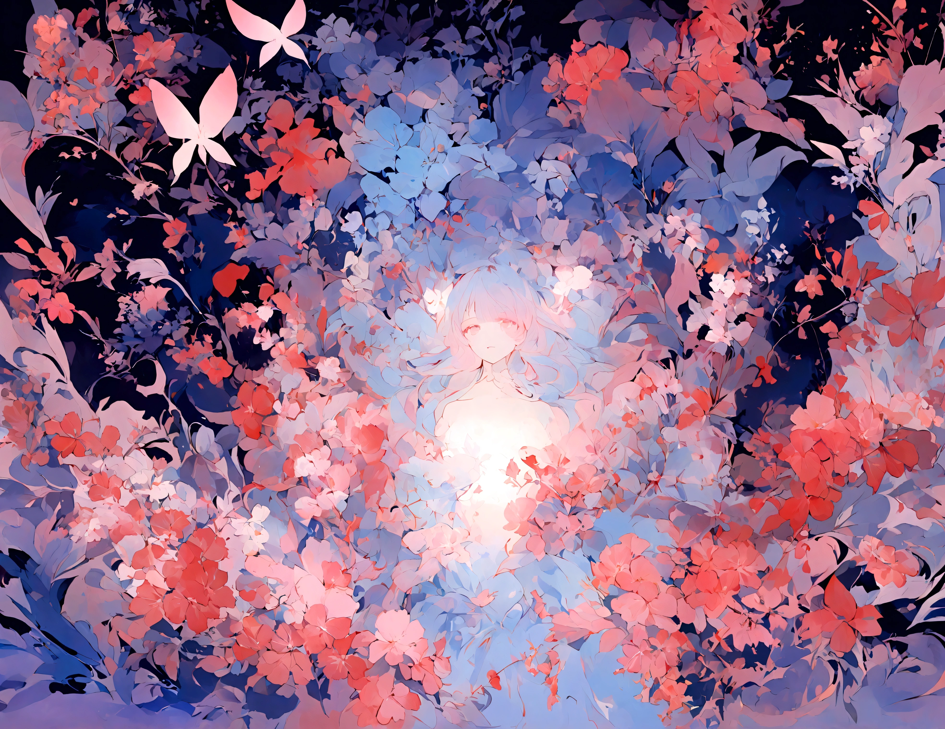 1 Girl,flower, Platycodon ,Light pink and light blue style, Dreamy and romantic composition, light pink, ethereal foliage, Interesting arrangement,fantasy, High contrast, Ink strokes,  Impression of purple with red tones , Abstract