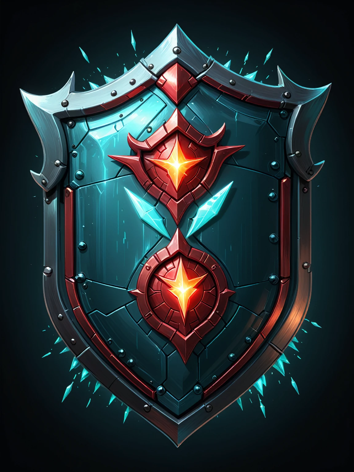 pixel art, cartoon illustration, energy metal shield, power cells, teal and red colors, simple black background, game icon