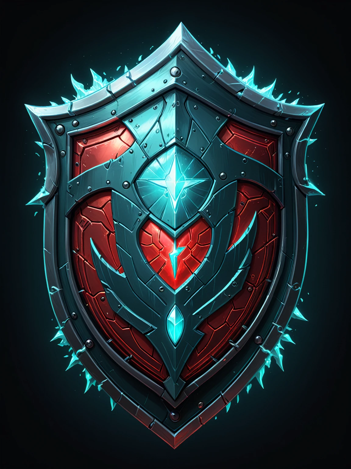 pixel art, cartoon illustration, energy metal shield, power cells, teal and red colors, simple black background, game icon