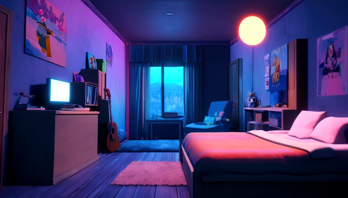 3D animated cinematic stills of a cozy room, Large windows with a view of the city at night, Moon with coat of arms, melancholic, Sad mood, The bed is not made, Computer Desk, cluttered with mismatched furniture, Geeky posters on the walls and a guitar in the corner,Pixar Style, Disney, Vaporwave