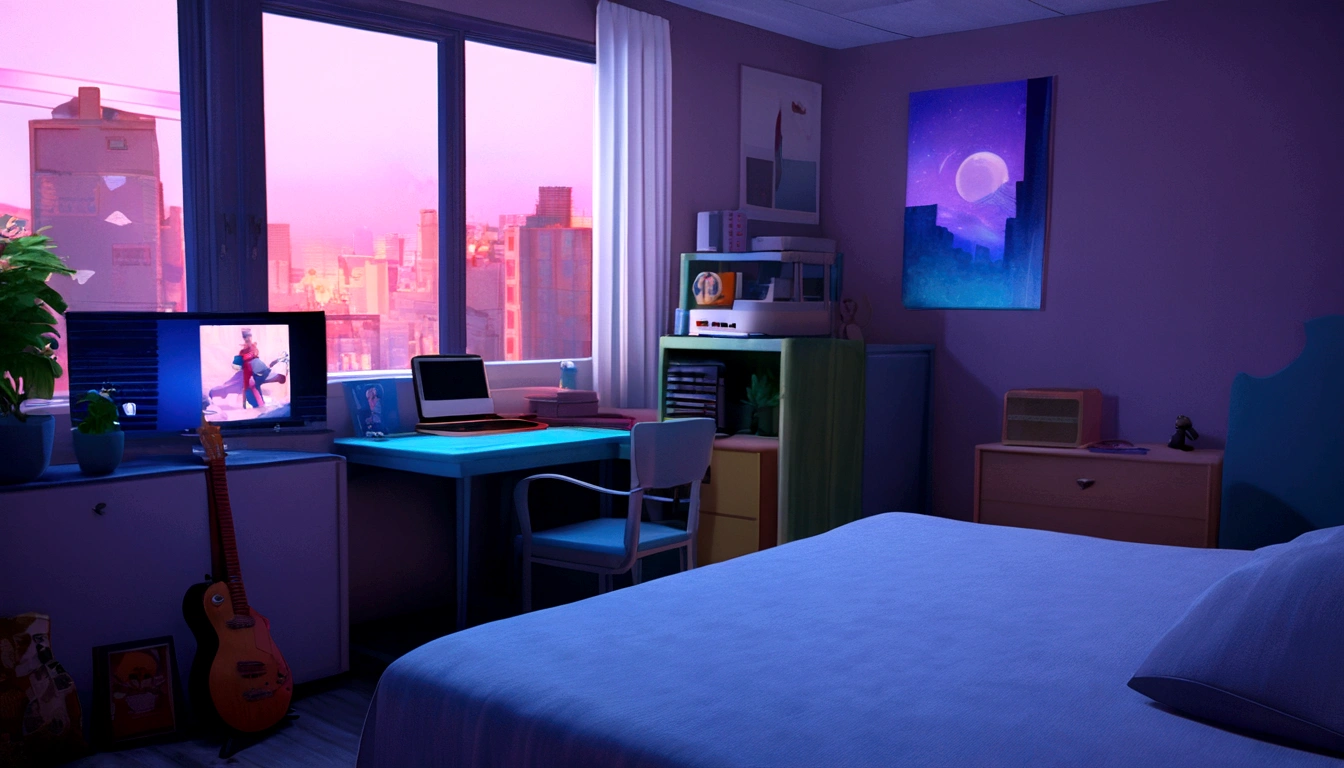 3D animated cinematic stills of a cozy room, Large windows with a view of the city at night, Moon with coat of arms, melancholic, Sad mood, The bed is not made, Computer Desk, cluttered with mismatched furniture, Geeky posters on the walls and a guitar in the corner,Pixar Style, Disney, Vaporwave